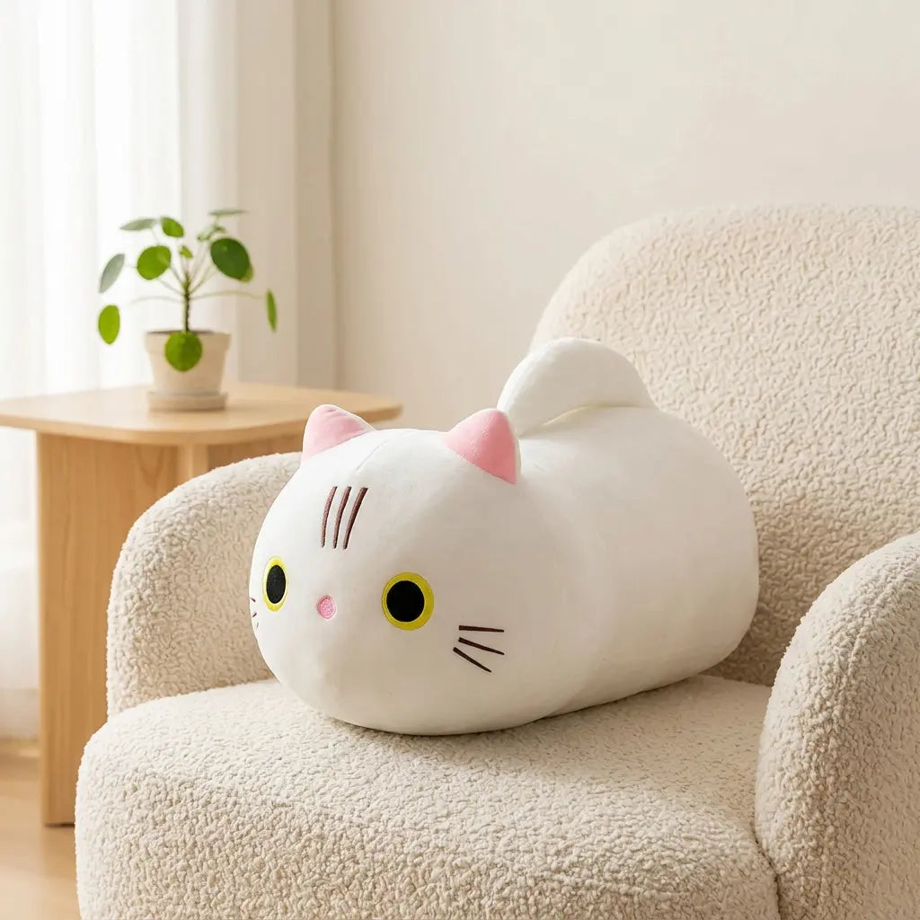 Peluche chat blanc à longue queue