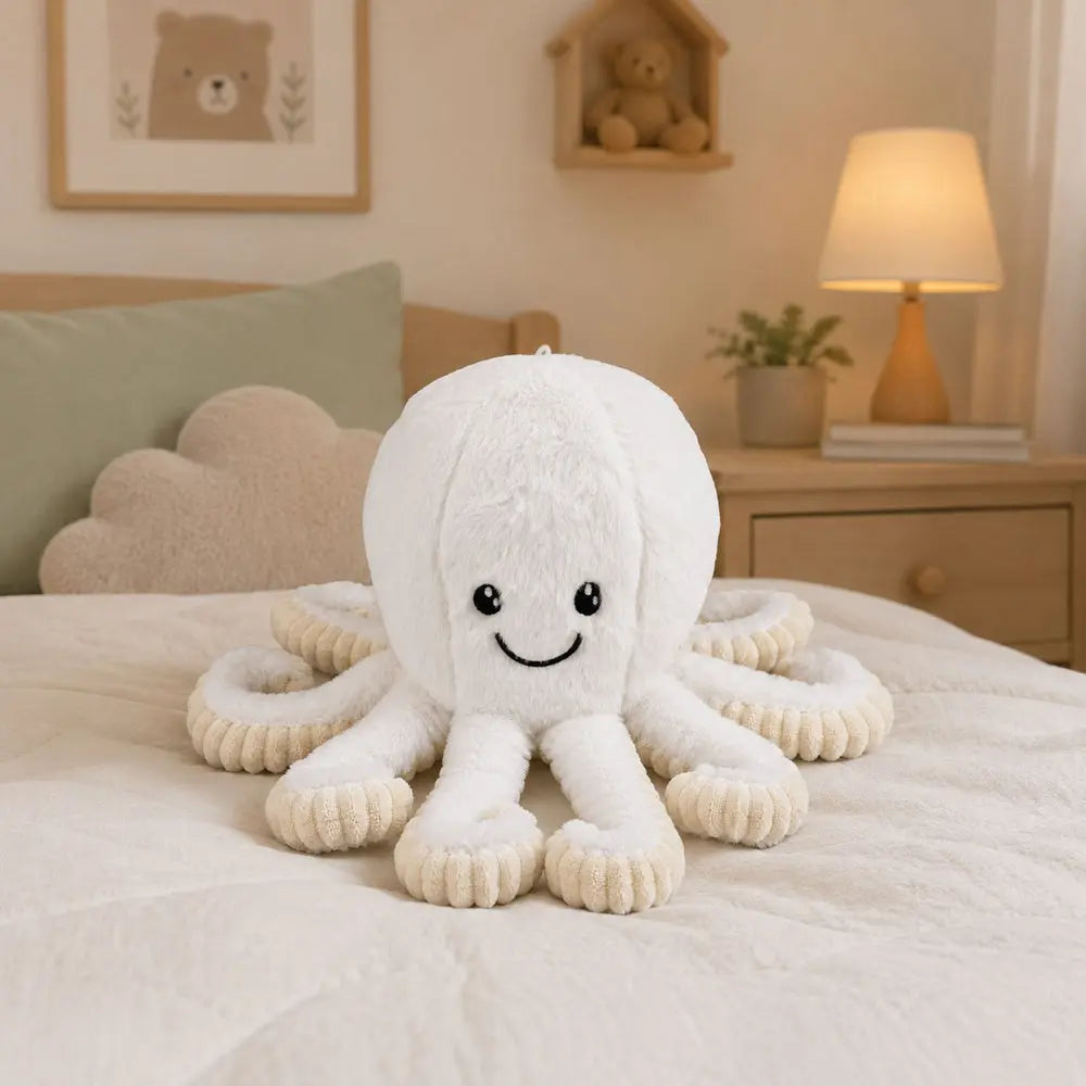 Peluche pieuvre blanche aux longs tentacules de 30 cm