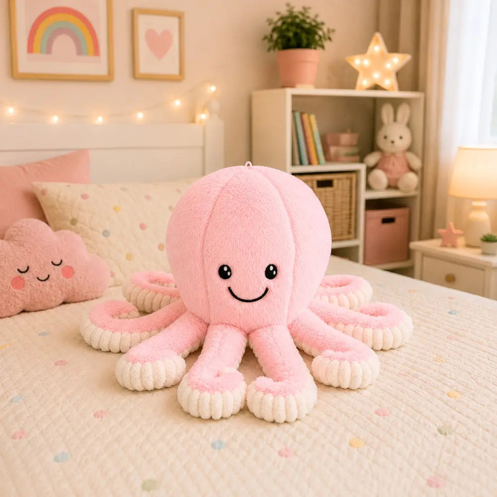 Peluche pieuvre rose aux longs tentacules de 30 cm
